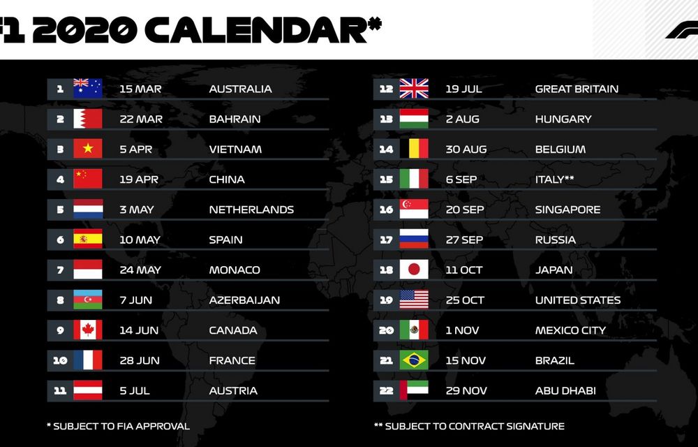 Calendarul Formulei 1 pentru 2020: număr record de 22 de curse. Vietnam și Olanda sunt singurele noutăți, Germania este eliminată - Poza 2